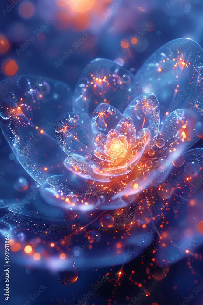 Poster an abstract pattern of dopamine molecules arranged in a circular flow, glowing in shades of blue and