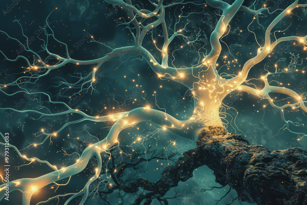 Poster a stylized neuron bursting with glowing dopamine signals, spreading out like a treeâ€™s branches,