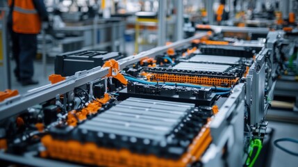 A close-up view of the battery module assembly area, where workers are connecting individual battery cells into modules