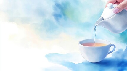 A person pouring tea into a cup with water coming out of it, AI