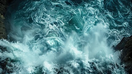 Obraz premium Crashing swirling ocean waves creating a dramatic and powerful natural scene with turbulent sea water foam and mist The motion and energy of the waves is captured in a scenic atmospheric landscape