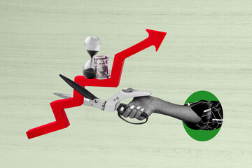Composite photo collage of human hand cut arrow statistic sand glass deadline concept roll dollar...