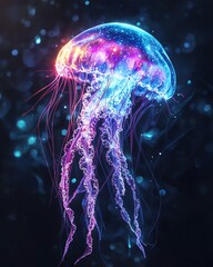 A glowing, iridescent jellyfish with neon blue and pink tentacles