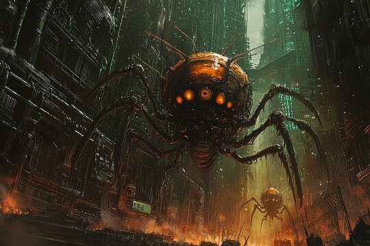 Hive-mind insectoid aliens, complex exoskeletons, compound eyes, intricate antennae networks, alien metropolis backdrop