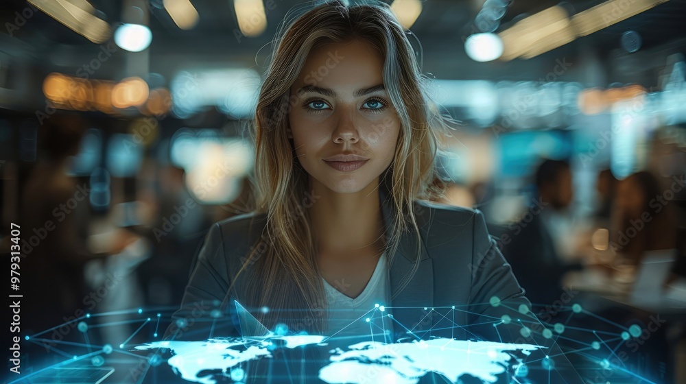 Aufkleber a young woman in business attire stands confidently, surrounded by digital devices and glowing holog