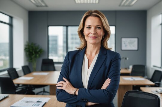 confident smiling middle aged business woman attorney, 45 years old lady entrepreneur, mature female professional executive manager leader standing arms crossed in office looking at camera