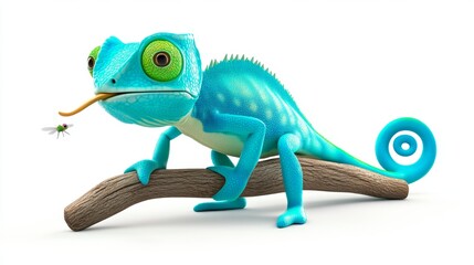 Fototapeta premium Funny Blue Chameleon Catching Fly on Branch