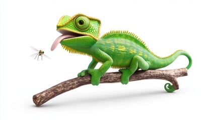 Fototapeta premium Cartoon Chameleon Catching Fly on Branch