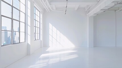 Obraz premium Stylish Minimalist Interior with Expansive Window, Natural Light, and Serene Atmosphere. Modern Aesthetics and Negative Space Design