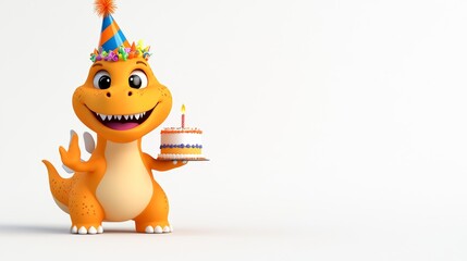 Fototapeta premium Cute Dinosaur Birthday Party Character Holding Cake
