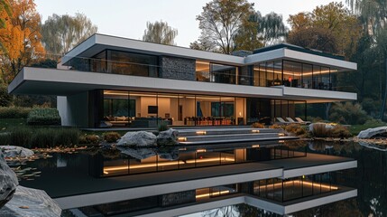 Obraz premium Architecture minimalist, reflection, stone, nature, large estate house. Generative AI.