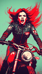 Obraz premium A girl with a helmet on a superbike in Tokyo, depicted in a serigraphy cyberpunk vintage style.