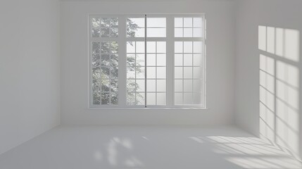 Fototapeta premium Stylish Minimalist Interior with Expansive Window, Natural Light, and Serene Atmosphere. Modern Aesthetics and Negative Space Design