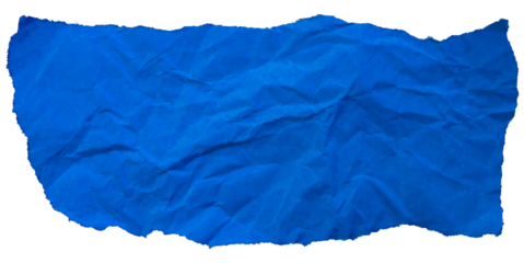 Ripped torn blue wrinkled paper piece on transparent background, crumpled paper cut out design element