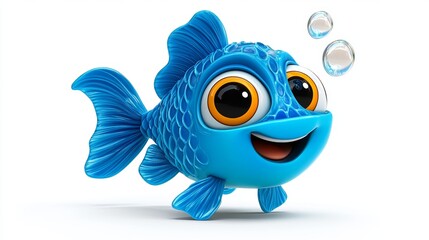 Fototapeta premium Cute Cartoon Blue Fish Character with Bubbles