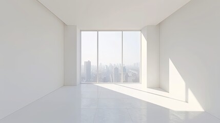 Fototapeta premium Stylish Minimalist Interior with Expansive Window, Natural Light, and Serene Atmosphere. Modern Aesthetics and Negative Space Design