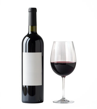 Garrafa de vinho tinto com ta&ccedil;a de vinho isolado em fundo transparente