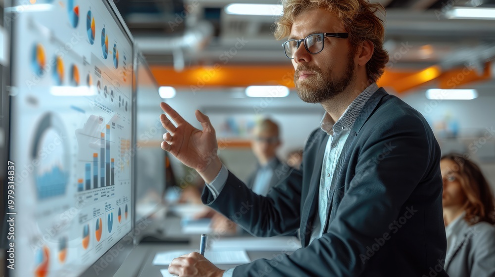 Poster Professional engineers in a training room during a lecture by a teacher in a modern training room. The teacher uses an interactive whiteboard showing energy consumption graphs. Generative AI.