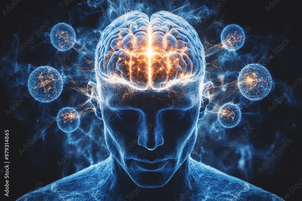 Poster futuristic digital head with glowing neural orbs symbolizing artificial intelligence advanced though
