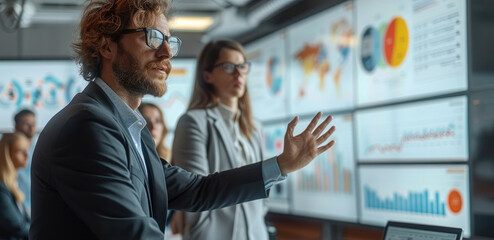 Professional engineers in a training room during a lecture by a teacher in a modern training room. The teacher uses an interactive whiteboard showing energy consumption graphs. Generative AI.