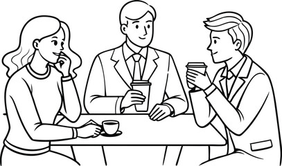 Business meeting people eating coffee line art illustration black and white.