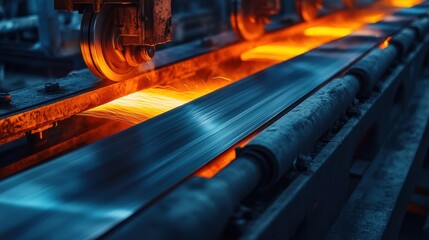 A factory setting where sheets of metal are being passed through a rolling mill