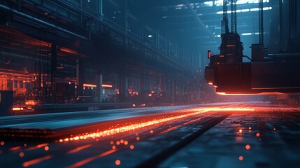 A factory floor where metal sheets are being fed into a large hydraulic press