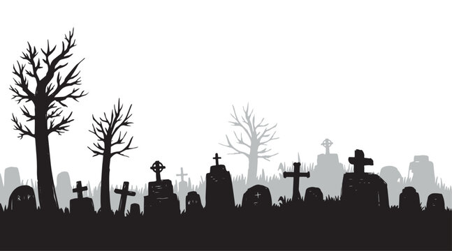 Old cemetery silhouette, abandoned graveyard in Halloween night