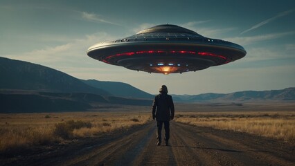 UFO sighting featuring an alien’s grand entrance and its futuristic flying saucer