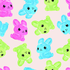 Vector seamless pattern with colorful gummy rabbits on light pink background