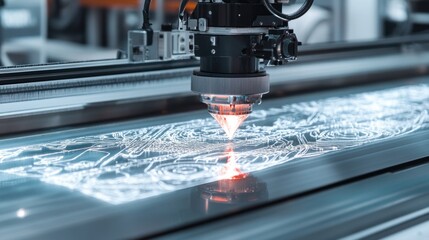 A futuristic laser engraving machine in action, etching detailed patterns on a large glass surface. The laser beam is guided by automated systems
