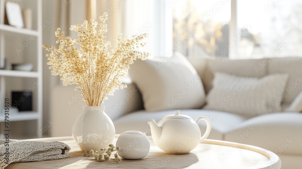 Fototapete Modern cozy home interior mock up featuring a living and dining room space with a stylish tea table and decor in a bright white setting created using 3D rendering techniques