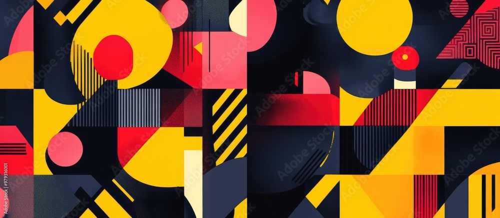 Poster entertainment illustration featuring geometric backgrounds with an array of random shapes