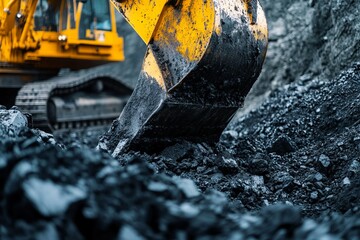 Close-Up of Yellow Excavator Bucket Digging into Black Coal in Open-Pit Mine - AI generated illustration