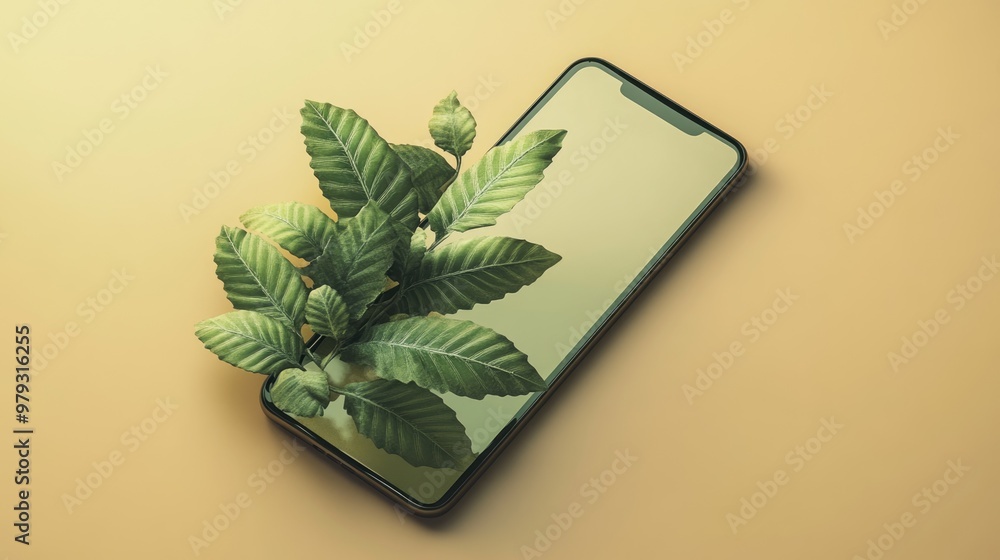 Poster 3d rendering of a mobile phone with a plant displayed from an overhead perspective