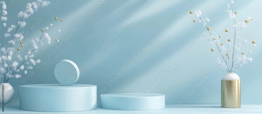 Poster 3d rendering of a minimal empty product display scene in soft pastel baby blue featuring a cylindric