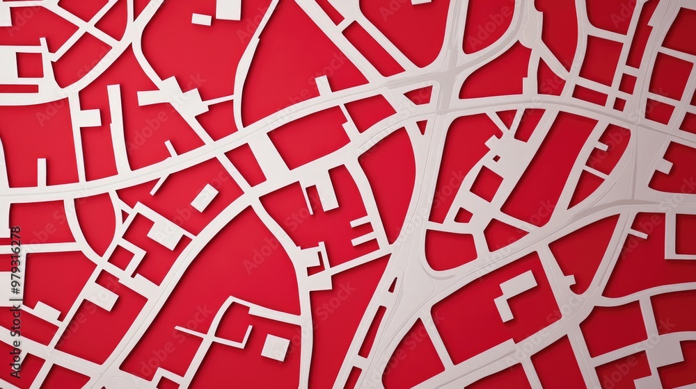 Poster stylized street map illustration featuring white lines on a red background top flat view in a 3d ren