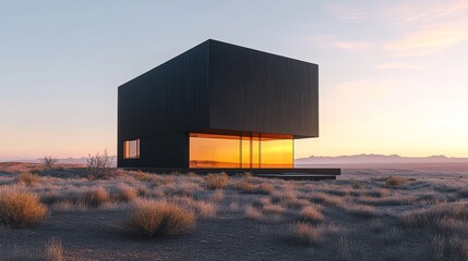 Obraz premium A minimalist black cube house with reflective glass surfaces, set against a barren, sandy terrain with simple plant life, soft sunset lighting, minimalistic, photorealistic style