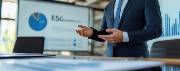 Corporate CEO delivering a presentation on ESG risk management to shareholders, modern business setting, ESG risk management, shareholder engagement
