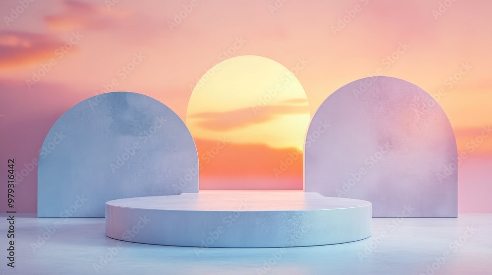 Poster 3d rendered pedestal podium with geometric shapes and platforms for product display set against an a