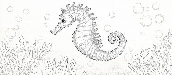 Fototapeta premium Outline illustration of a seahorse resting underwater surrounded by bubbles