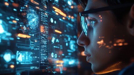 A close-up of a digital investigator intently analyzing a futuristic holographic data display