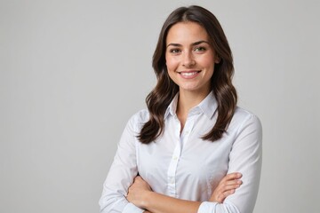 cheerful brunette business woman student in white button up shirt, smiling confident and cheerful with arms folded, isolated on a white background