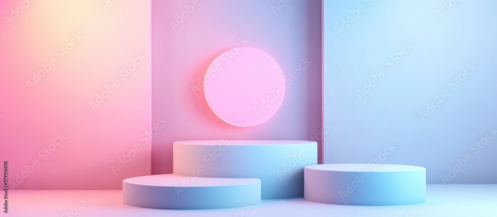Poster 3d rendered podium with geometric shapes and platforms for product showcasing mockup with an abstrac