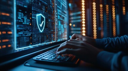 Cybersecurity professional typing on keyboard with secure data interface in server room