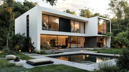 A minimalist cube home with a concrete facade, wooden overhangs for shaded areas, surrounded by greenery, modern architecture, muted colors, 3D rendering, high detail
