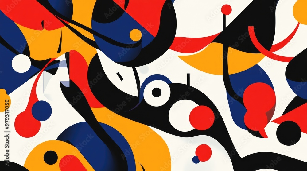 Poster colorful abstract design featuring bold outlines and flat colors on a white background incorporating