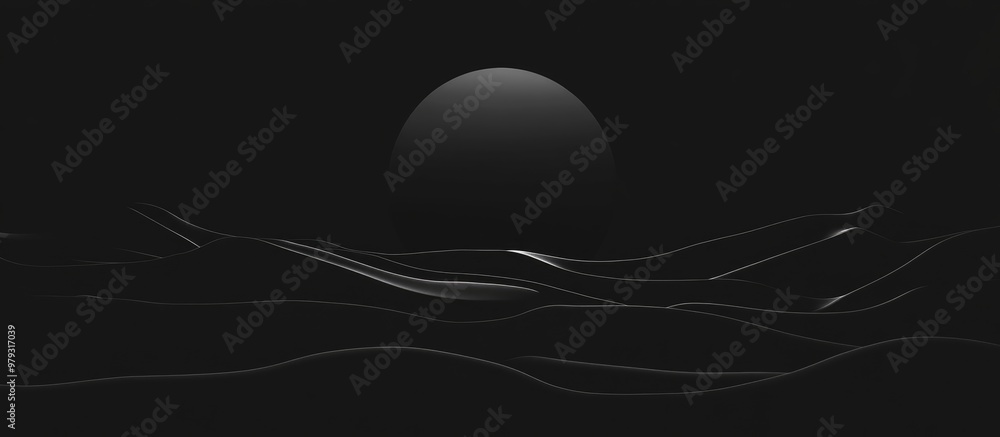 Poster flat black background featuring a circular shape in black creating a minimalist landscape effect