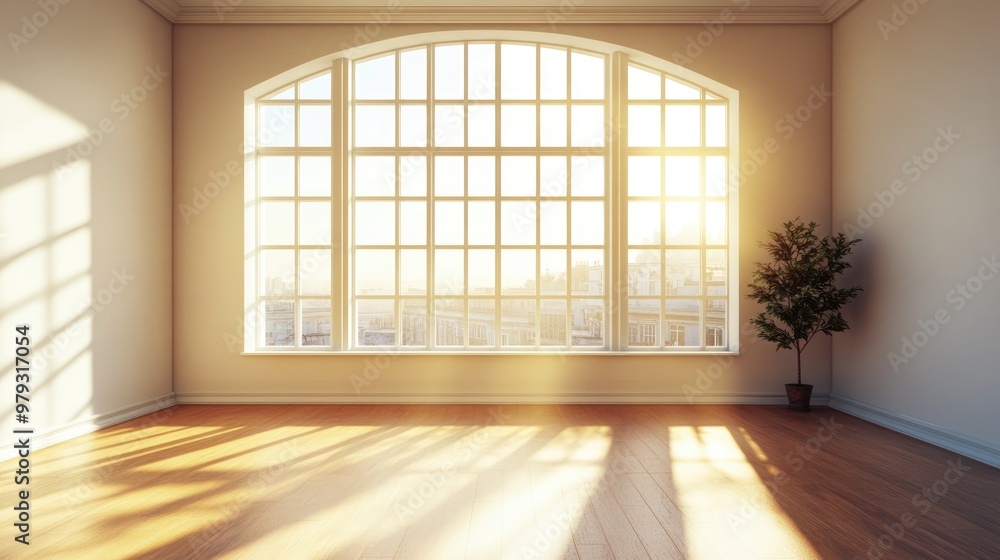 Poster bright empty room featuring a large window that allows sunlight to pour in 3d rendering