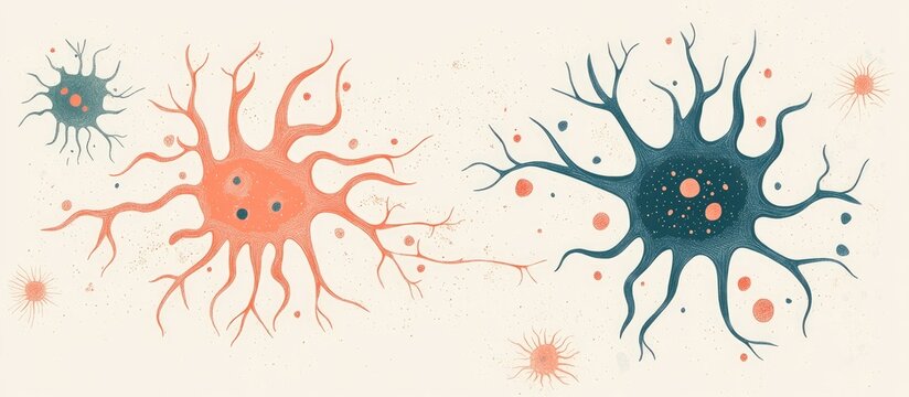 Illustration of astrocyte structure and nerve cell in an infographic style on a plain background